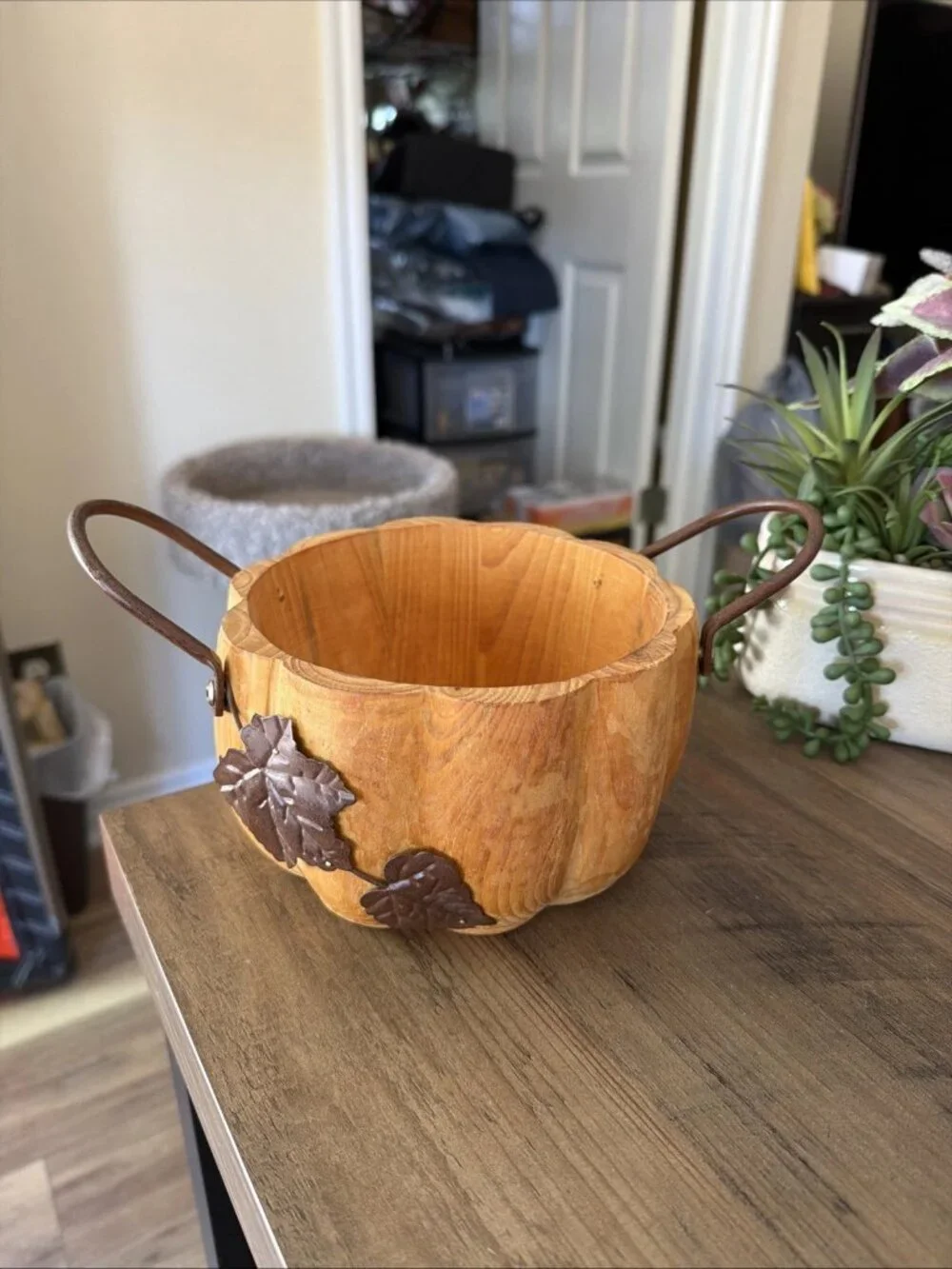 Pier 1 Imports Rustic Wooden Pumpkin Bowl, Metal Handles, Metal Leaf Accents